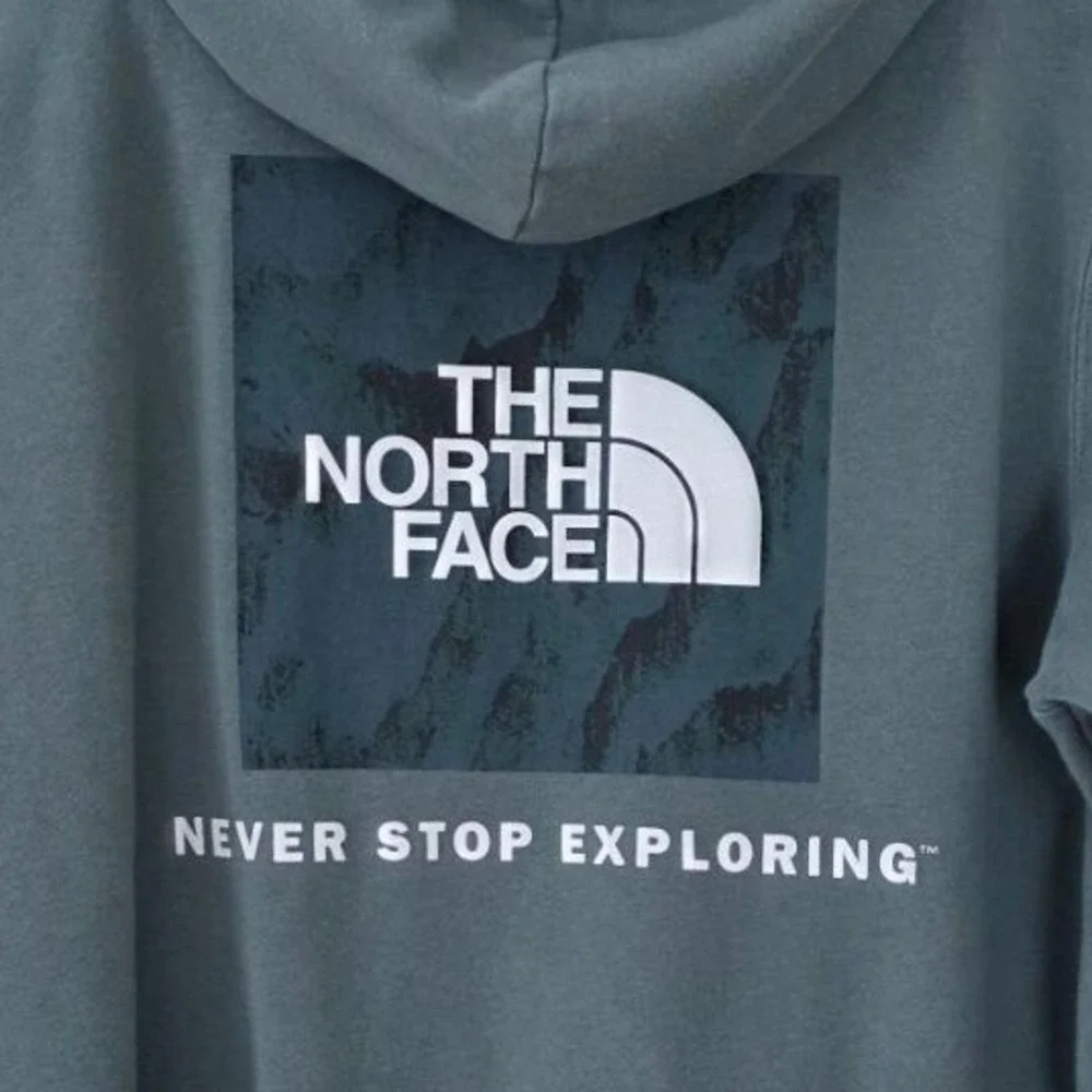 The North Face Mens Box Logo Hoodie Slate Blue Green Graphic Pullover‎ Medium